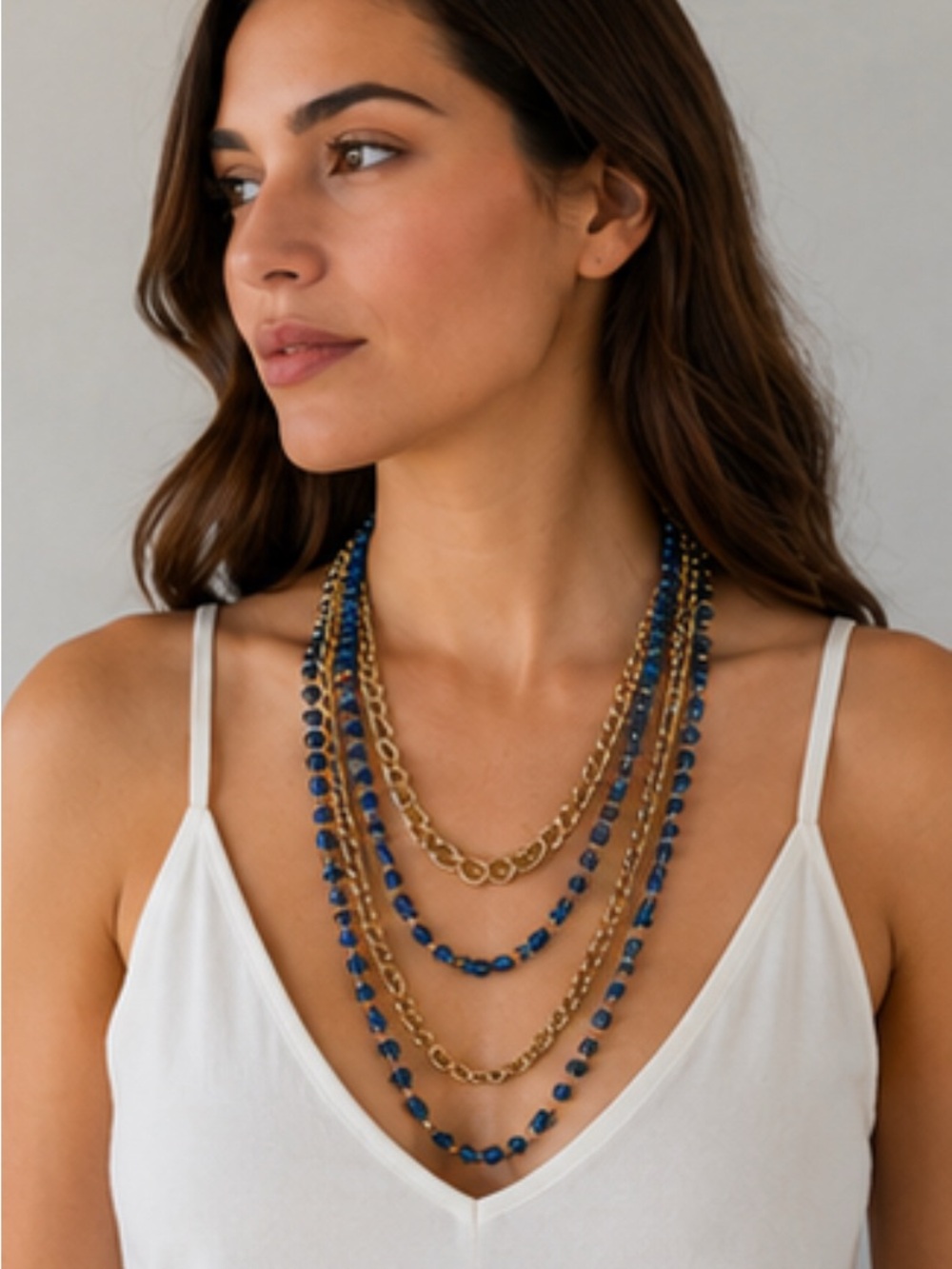 Lydell NYC - Gold Multi-Strand Necklace with Blue Beads - Women Jewelry